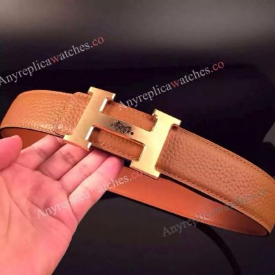 Replica Hermes Orange Leather Belt Gold buckle for man